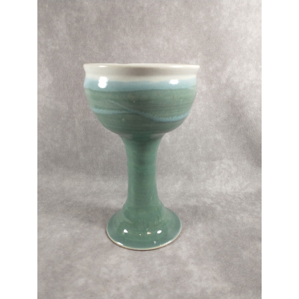 Studio Art Pottery Wine Goblet Chalice Blue Sage Green White Signed